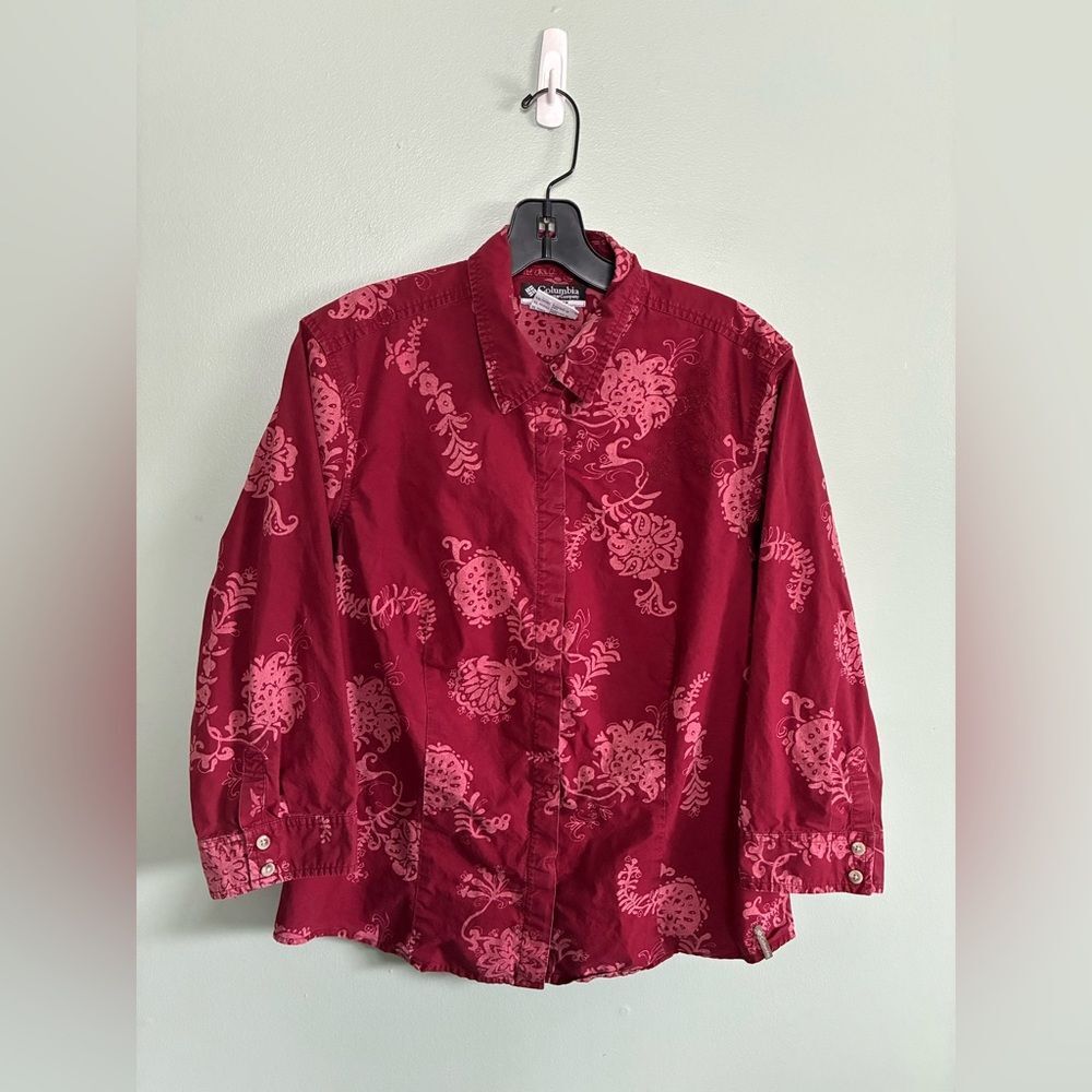 Columbia Shirt Womens Red Floral 3/4 Sleeve Button Up Classic Casual Camp Sz L